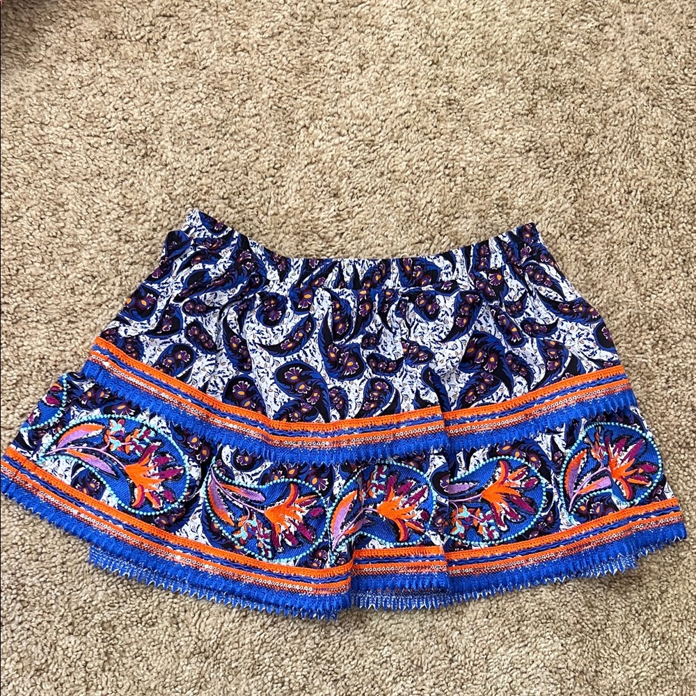 Taj Paisley Fringe Mini Skirt in Blue & Orange NWT